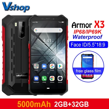 Ulefone Armor X3 Прочные телефоны Android 9,0 IP68 /IP69K Водонепроницаемый 2 ГБ 32 ГБ 5,5 дюймов HD + 8 МП 5000 мАч face ID 3G Смартфон