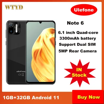 Ulefone Note 6 6,1-дюймовый смартфон емкостью 1 ГБ + 32 ГБ Android 11 с аккумулятором 3300 мАч SC7731E четырехъядерный 3G-мобильный телефон