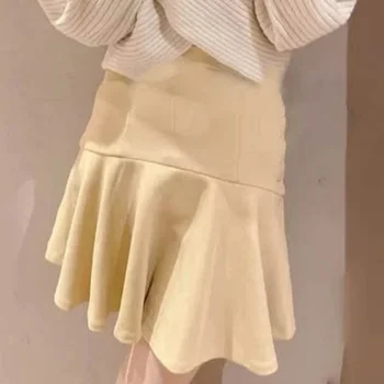 WAKUTA Осенне-Зимняя Японская Faldas Mujer Moda 2023, Однотонная Плиссированная Мини-Юбка с Высокой Талией, Облегающая с Защитными Шортами Jupe