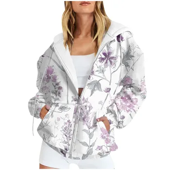 Women's Casual Fashion Foral Printed Long Sleeve Pullover Hoodies Zipper Sweatshirts Coat куртки осенние женские 가을자켓 2023