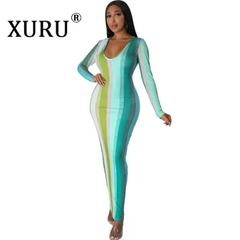 XURU-весеннее Новое Женское платье с V-образным вырезом и длинными рукавами с цифровой печатью, многоцветное платье для европейских и американских сексуальных Горячих девушек 11874