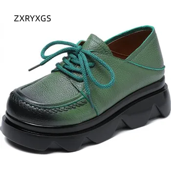 ZXRYXGS/ Высококачественная Обувь из Воловьей Кожи в стиле Ретро Из натуральной Кожи На платформе и танкетке, Женская обувь на шнуровке 2023 года, Обувь на высоком каблуке