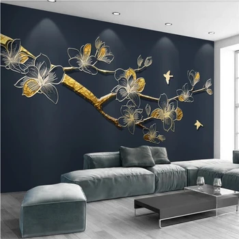 wellyu Настроил большую фреску на новый китайский современный минималистский золотой рельефный линия ветка магнолии ТВ фон стена