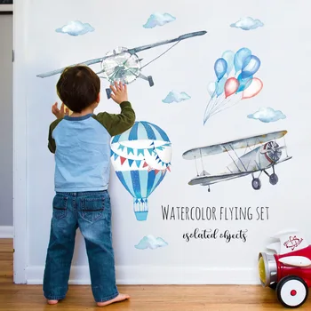 Акварельный самолет Наклейка на стену с воздушным шаром для детской комнаты Украшение дома ПВХ Настенные наклейки Наклейки для детской комнаты Подарок для мальчика