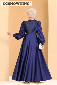 Аппликации, расшитые бисером, Мусульманские вечерние платья с длинным рукавом, Атласный Хиджаб с высоким воротом, вечерние платья в арабском стиле, Дубайский Кафтан, Исламский халат