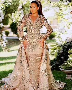 Арабское Золото Aso Ebi, блестящие Роскошные платья для выпускного вечера, украшенные бисером и кристаллами, Вечерние платья для второго приема 0