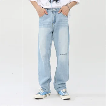 Бесплатная доставка, мужские прямые джинсы со средней посадкой, новый сезон 2022, белые потертые повседневные брюки с дырками от ножа, белые потертые повседневные брюки
