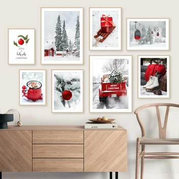 Веселого Рождества, кофе, горнолыжный подъемник, грузовик с сосной, настенное искусство, холст, картина, плакат в скандинавском стиле, принт для домашнего декора в гостиной, принты