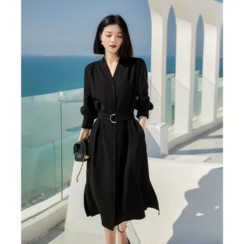 Весенне-летнее женское новое модное платье с черной юбкой средней длины 2023, темпераментное высококачественное платье с длинными рукавами