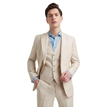 Весенне-летние льняные высококачественные дышащие и крутые мужские костюмы Slim Fit Модные 3 предмета / Пляжная свадебная одежда для жениха / комплект пальто 0