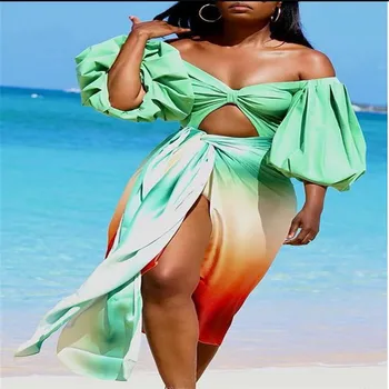 Весенне-летний женский костюм для пляжного отдыха с длинными рукавами и открытыми плечами, сексуальный темперамент, облегающий костюм-юбка с разрезным рукавом-пузырем