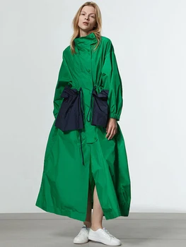Весенне-осенний удлиненный зеленый тренч большого размера для женщин с большими карманами и завязками, роскошная дизайнерская мода 2023 года