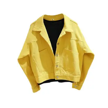 Весенне-осенняя женская джинсовая куртка, короткое пальто, модная приталенная желтая джинсовая куртка, повседневный топ, фиолетово-белое свободное пальто 0