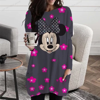 Весенне-осенняя женская футболка с круглым вырезом и принтом Disney Minnie Mouse, свободная Повседневная футболка с карманом и длинным рукавом, Женский повседневный топ