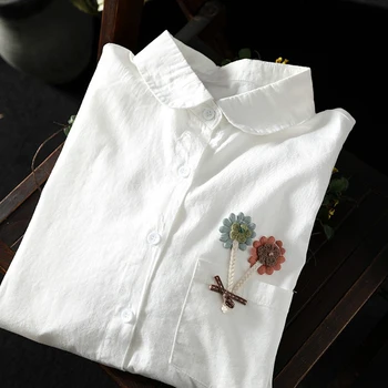 Весенняя Милая Свободная Рубашка С цветочной ручной Вышивкой и длинными рукавами Camisa, Женская Одежда Белого Цвета, Женские Топы Blusen Damen U272 0