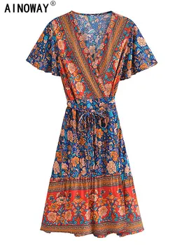 Винтажное Шикарное модное женское мини-платье с цветочным принтом и V-образным вырезом, пляжное богемное мини-платье с запахом, женские платья в стиле бохо с коротким рукавом, халат
