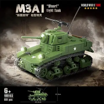 Военная модель Второй мировой войны M3A1 Stuart Light Tank, коллекция строительных блоков, 601 шт. кирпичей, игрушка, Рождественские подарки для детей