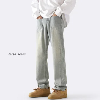 Высокие уличные прямые коричневые джинсы в стиле ретро, мужская мода, повседневные джинсы, уличная одежда, прямые джинсовые брюки в стиле хип-хоп, мужские брюки