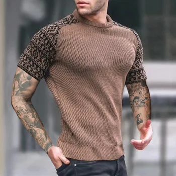 Высококачественный весенне-летний Новый мужской пуловер с круглым вырезом 2023, цветной блок, вафельный топ с коротким рукавом для мужской рубашки с коротким рукавом