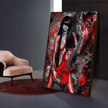 Граффити, сексуальная обнаженная женщина с гитарой, плакаты и принты, настенное искусство, картина на холсте, современная картина с обнаженной девушкой для декора гостиной