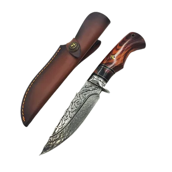 Дамасский нож Shark с фиксированным лезвием в кожаных ножнах для мужчин, для выживания, охоты, кемпинга, прямой нож, ручка из розового дерева