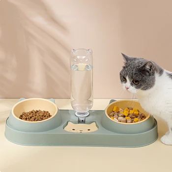 Двойные миски для собак и кошек с дозатором воды Наклонные миски для кошачьего корма для домашних животных Легко отсоединяемый набор мисок для влажного и сухого корма