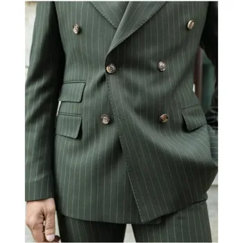 Двубортный блейзер и брюки в зеленую полоску, комплекты мужских костюмов, свадебная одежда, одежда для вечеринок, сшитый на заказ костюм Homme, куртка и брюки из 2 предметов 0