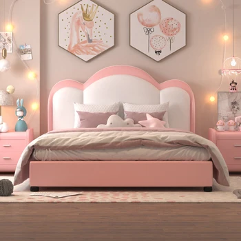 Двуспальная кровать-платформа с кожаной обивкой и каркасом из массива дерева для внутренней мебели спальни