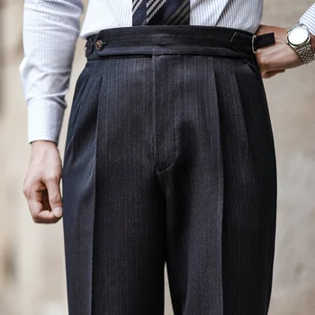 Деловые брюки с завышенной талией, мужские брюки длиной до щиколотки, офисные облегающие брюки для светской жизни, мужские классические уличные брюки