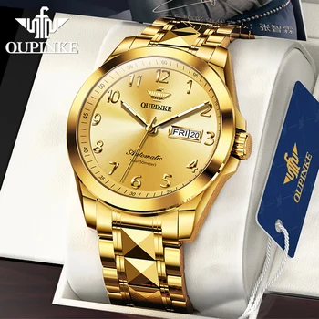 Деловые мужские механические часы OUPINKE с сапфировым стеклом, роскошная светящаяся дата, водонепроницаемые автоматические часы из вольфрамовой стали и золота 50 м