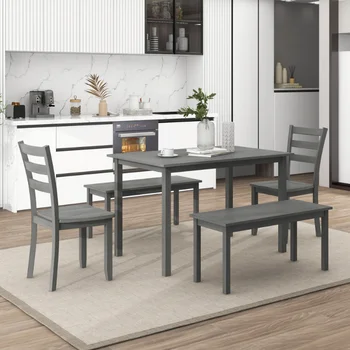 Деревянный обеденный набор TOPMAX из 5 предметов \ Кухонный стол с 2 обеденными стульями и 2 скамейками \ Фермерский дом в деревенском стиле\  Серый