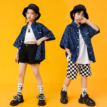 Детская одежда в стиле хип-хоп, рубашка с леопардовым принтом, топ с коротким рукавом, уличная одежда, Шорты для девочек и мальчиков, одежда для джазовых танцев