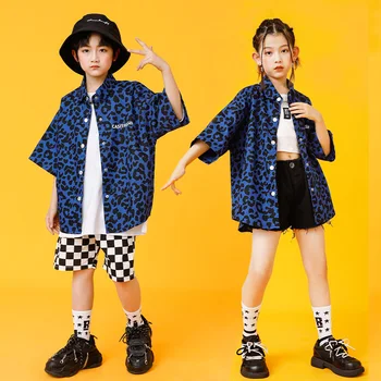 Детская одежда в стиле хип-хоп, рубашка с леопардовым принтом, топ с коротким рукавом, уличная одежда, шорты для девочек и мальчиков, джазовый танцевальный костюм, одежда