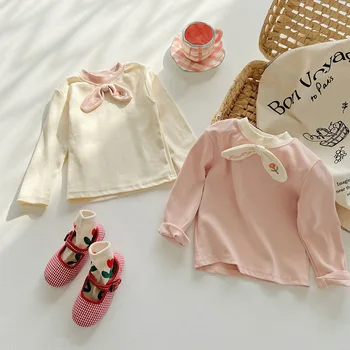 Детская футболка с милым бантом, весенние новые однотонные детские рубашки с цветочной вышивкой, топы принцессы с круглым воротником для девочек, детская милая одежда