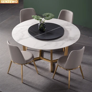 Дизайнерская роскошная круглая кухня из мраморной плиты обеденный стол с 4 6 стульями mesa tavoli furniture meuble marbre Основание из углеродистой стали 0