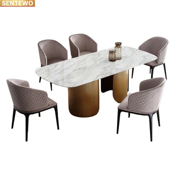 Дизайнерская роскошная столовая из мраморной плиты обеденный стол с 4 стульями mesa esstisch furniture мрамор Нержавеющая сталь золотое основание 0