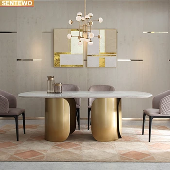 Дизайнерская роскошная столовая из мраморной плиты обеденный стол с 4 6 стульями mesa tische furniture Мраморное основание из нержавеющей стали и золота 0