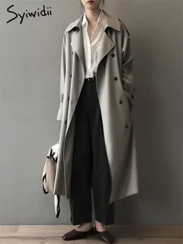 Длинный тренч Syiwidii для женщин 2023, новая однотонная Корейская модная двубортная куртка оверсайз, шикарные повседневные пальто с длинным рукавом