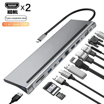 Док-Станция Для Ноутбука Type C USB C Dock Dual HDMI-совместимый Адаптер VGA USB-Концентратора для HP Elitebook Dell XPS Lenovo ThinkPad Asus 0