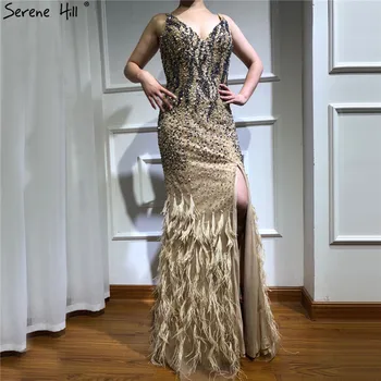 Дубайский дизайн Золотые сексуальные вечерние платья с V-образным вырезом и хрустальными перьями Вечернее платье Русалки 2023 Serene Hill LA70077