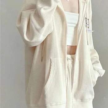 Женская Новая свободная тонкая модель, толстовка с капюшоном оверсайз, однотонная молочная толстовка с капюшоном на молнии, весеннее Корейское модное пальто-кардиган 0