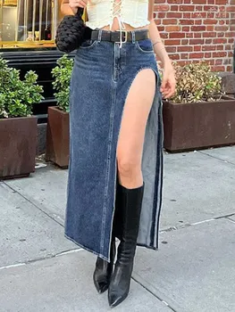Женская джинсовая юбка с высокой талией и разрезом, модная уличная одежда, летняя длинная юбка длиной до щиколоток, повседневные ретро-юбки на пуговицах, новинка 2023 года 0