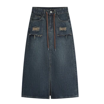 Женская джинсовая юбка трапециевидной формы с высокой талией в стиле ретро OL Long 0