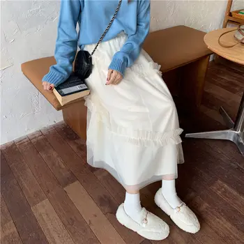Женская длинная кружевная юбка из тюля, модная одежда Fairycore в корейском стиле, винтажная повседневная пляжная одежда Y2k для девушек и дам