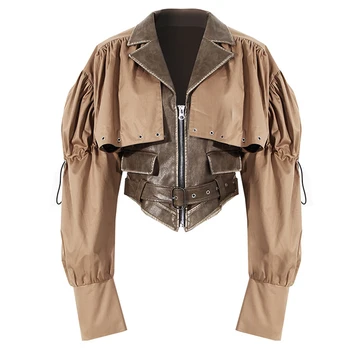 Женская кожаная куртка-накидка, Весна-осень, Съемная туника из двух частей с высокой талией, уличные куртки с поясом, пальто 0