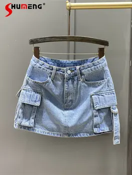 Женская летняя джинсовая мини-юбка Harajuku в корейском стиле, с высокой талией, с защитой от воздействия, трапециевидная, для похудения, с карманом-карго, Короткие джинсовые юбки