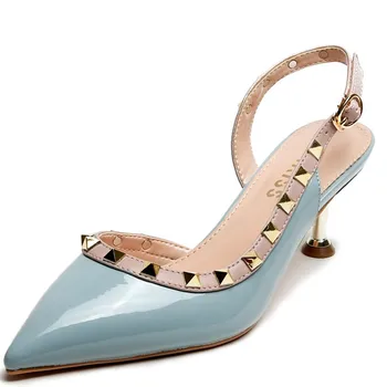 Женская обувь с заклепками и острым носком, Маленький размер 31-43, Синие / черные босоножки, женская летняя обувь на высоком каблуке