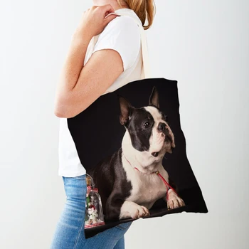 Женская сумка для покупок с двойным принтом французского бульдога, холщовая сумочка, многоразовая милая собачка, повседневная сумка для покупок с домашними животными для женщин 0