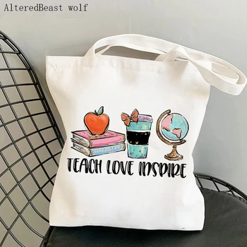 Женская сумка для покупок, учительница географии, Учи любить, Вдохновляй, Леопардовая сумка, холщовая сумка Harajuku, сумка для учителей, сумка-тоут, женская сумка