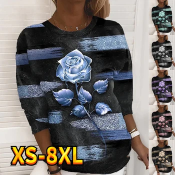 Женская футболка в полоску, цветной блок, повседневная уличная одежда с цветочным рисунком, топы с длинным рукавом и круглым вырезом, Базовая XS-8XL